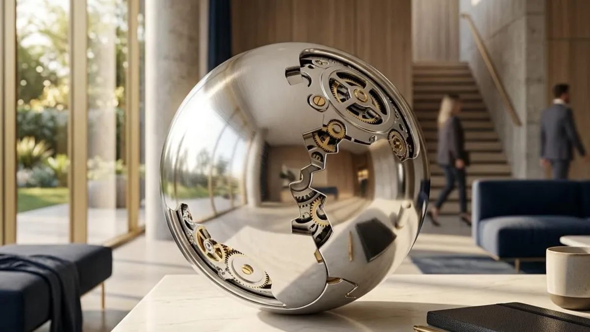 A polished geometric machine casting a shadow with no visible mechanism