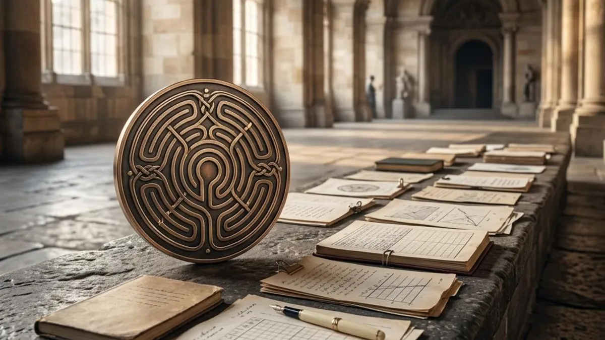 A brass disc beside a carefully arranged chain of dark stone blocks