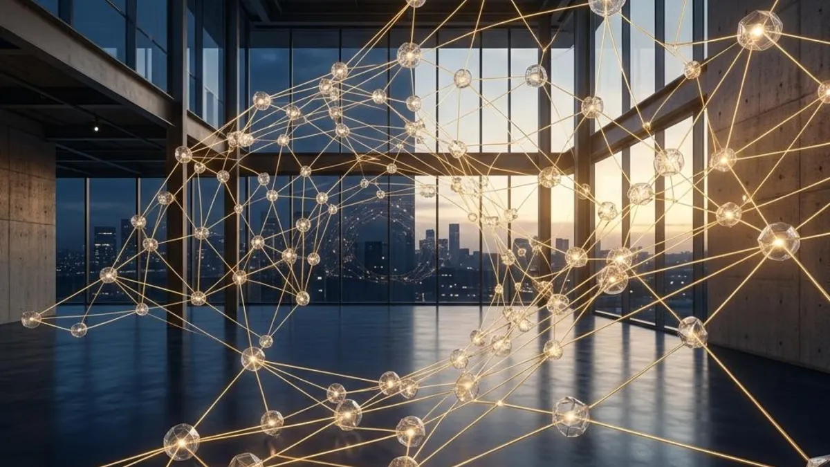 Fine gold lines connecting geometric stones on a dark surface