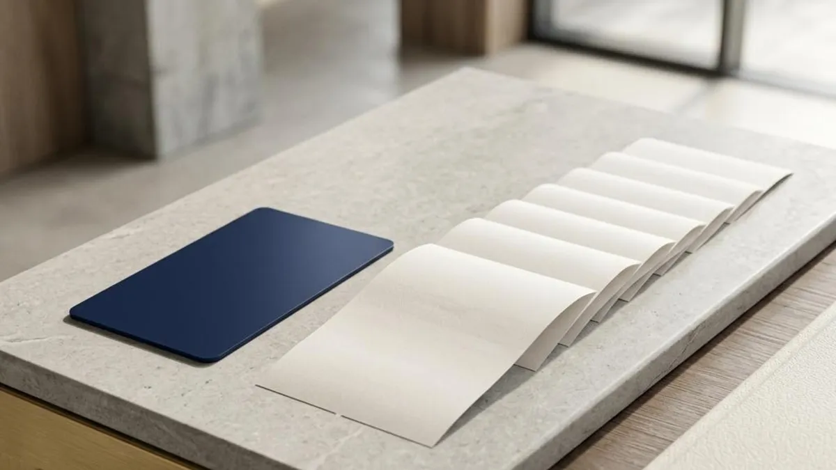 A plain bank card beside an organised paper trail on stone