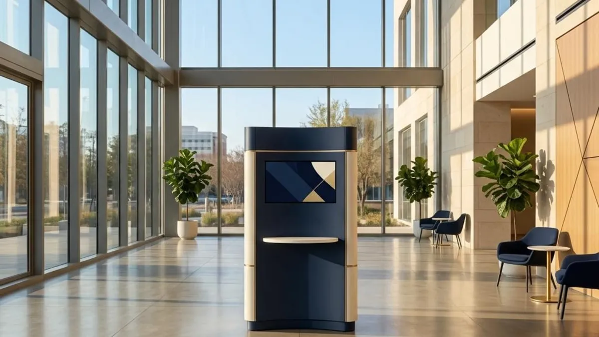 A minimal cash kiosk standing alone in a quiet stone corridor