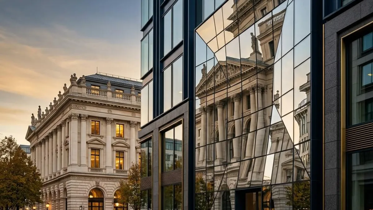 A mirrored architectural facade revealing an empty space behind it