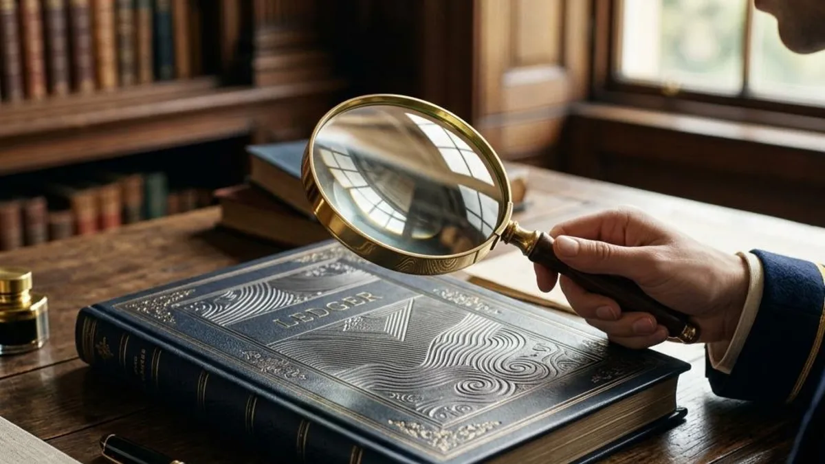 A magnifying glass over an abstract line of engraved marks