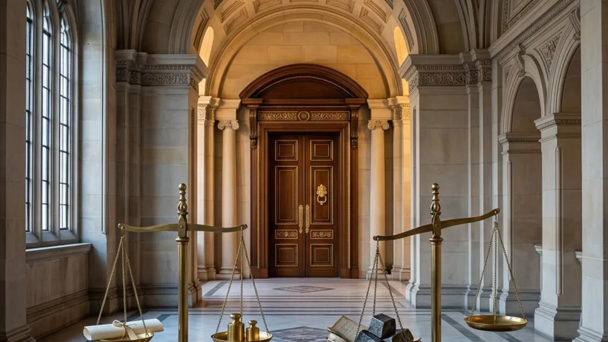 A brass balance suspended before a closed stone passage