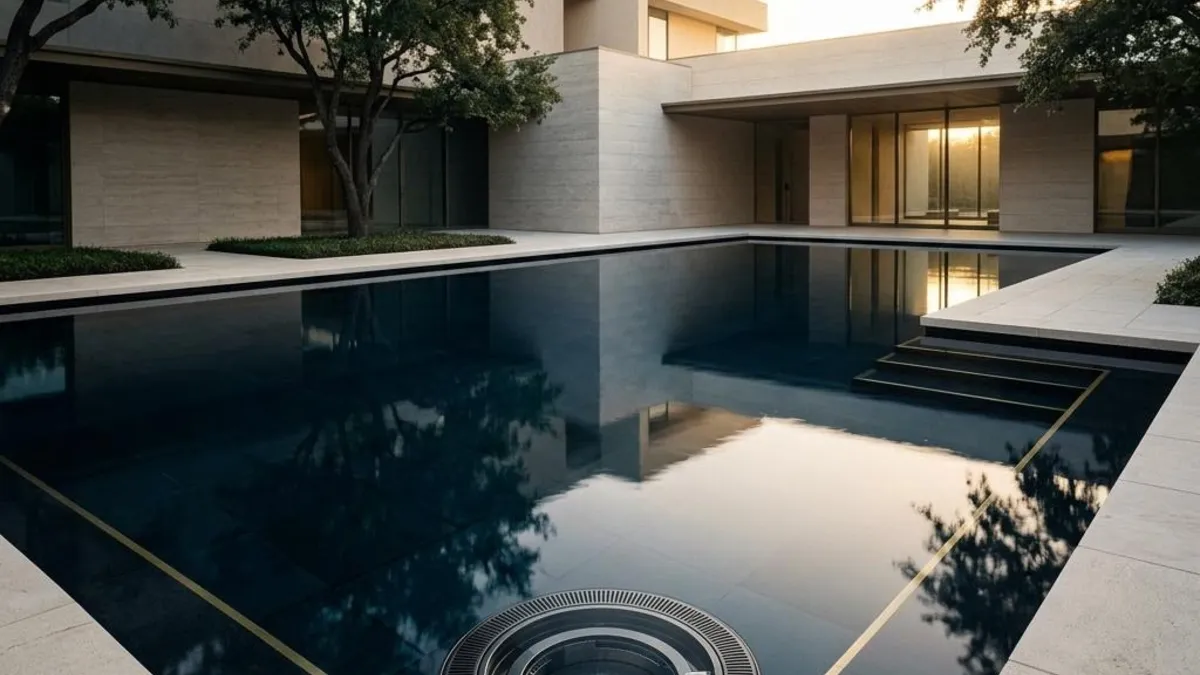 A calm pool with a concealed channel beneath geometric stone edges