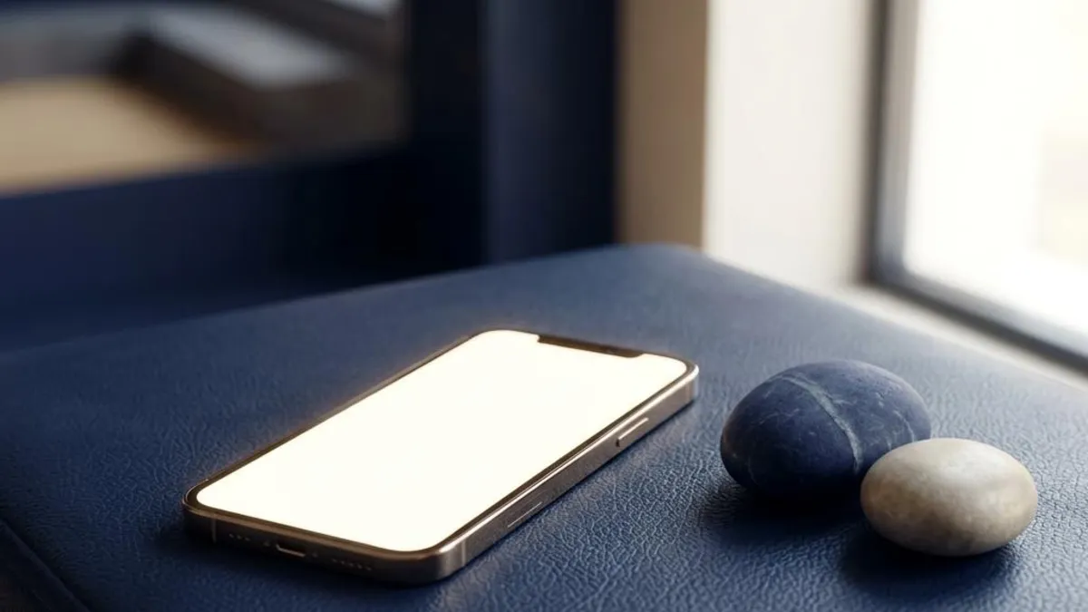A phone-shaped glass slab beside two diverging stone paths