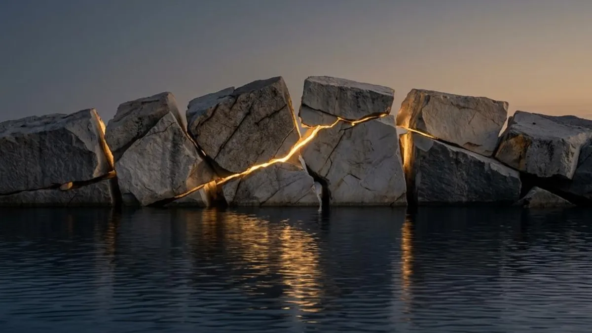 An illuminated path connecting stone platforms across dark water