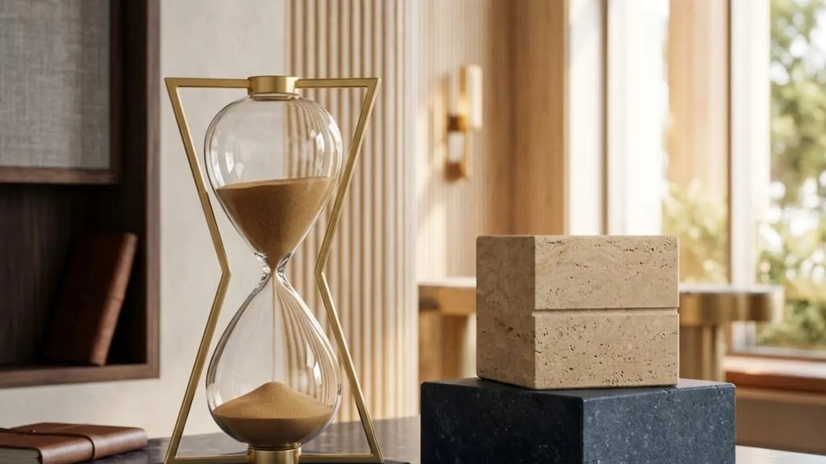 A simple clock and measured stack of stones in warm light