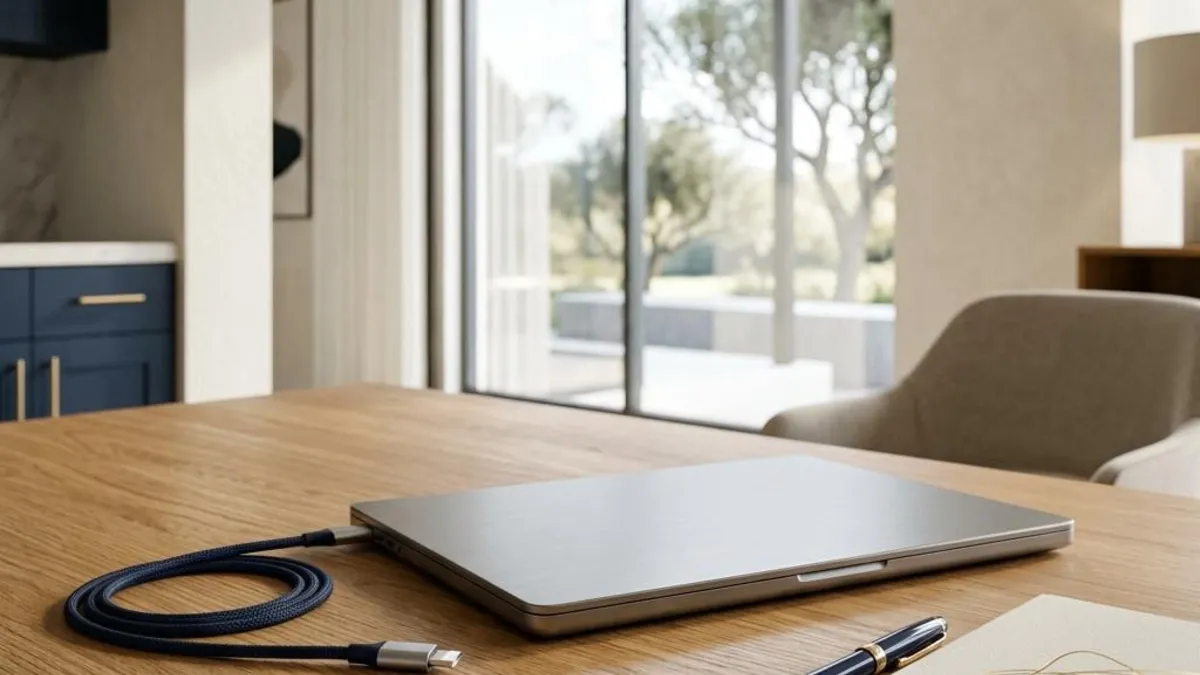 A laptop separated from an illuminated connection by a stone barrier