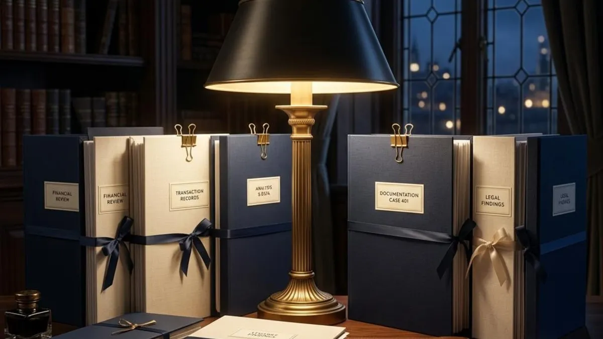 A carefully aligned report folder under a focused desk light