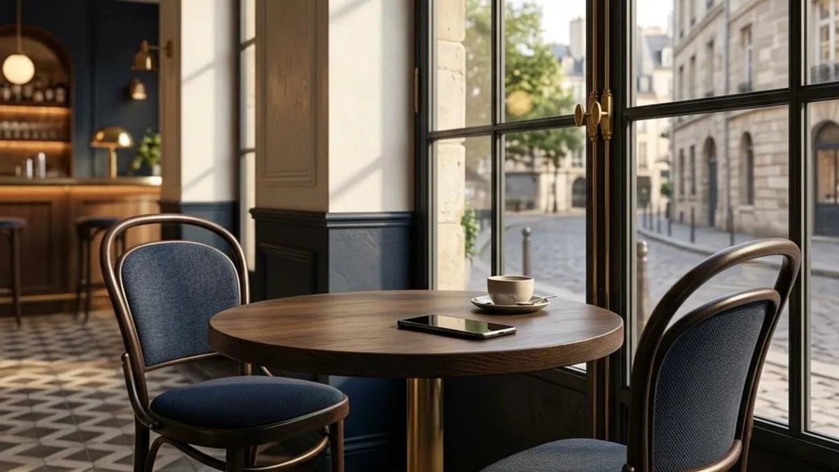 Two empty chairs separated by a reflective glass screen