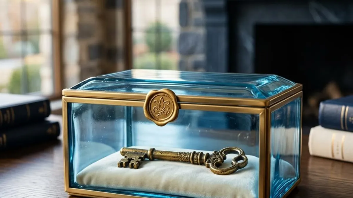 A cracked stone key beside a newly sealed small vault
