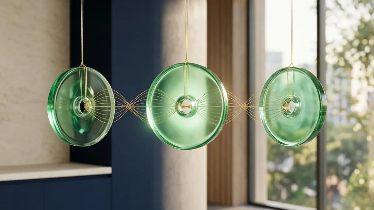Translucent green glass pieces following three distinct channels in stone