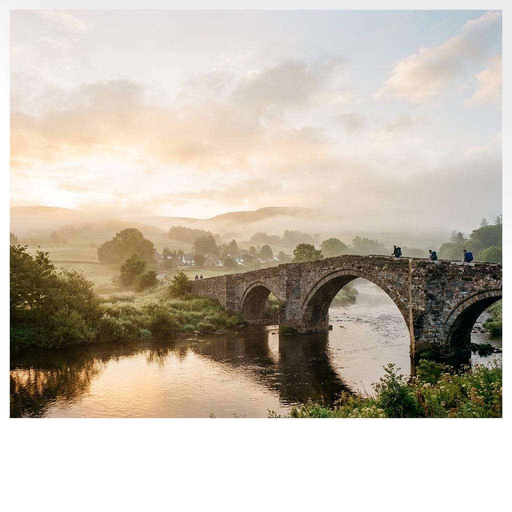 A stone bridge spanning a calm river at dawn