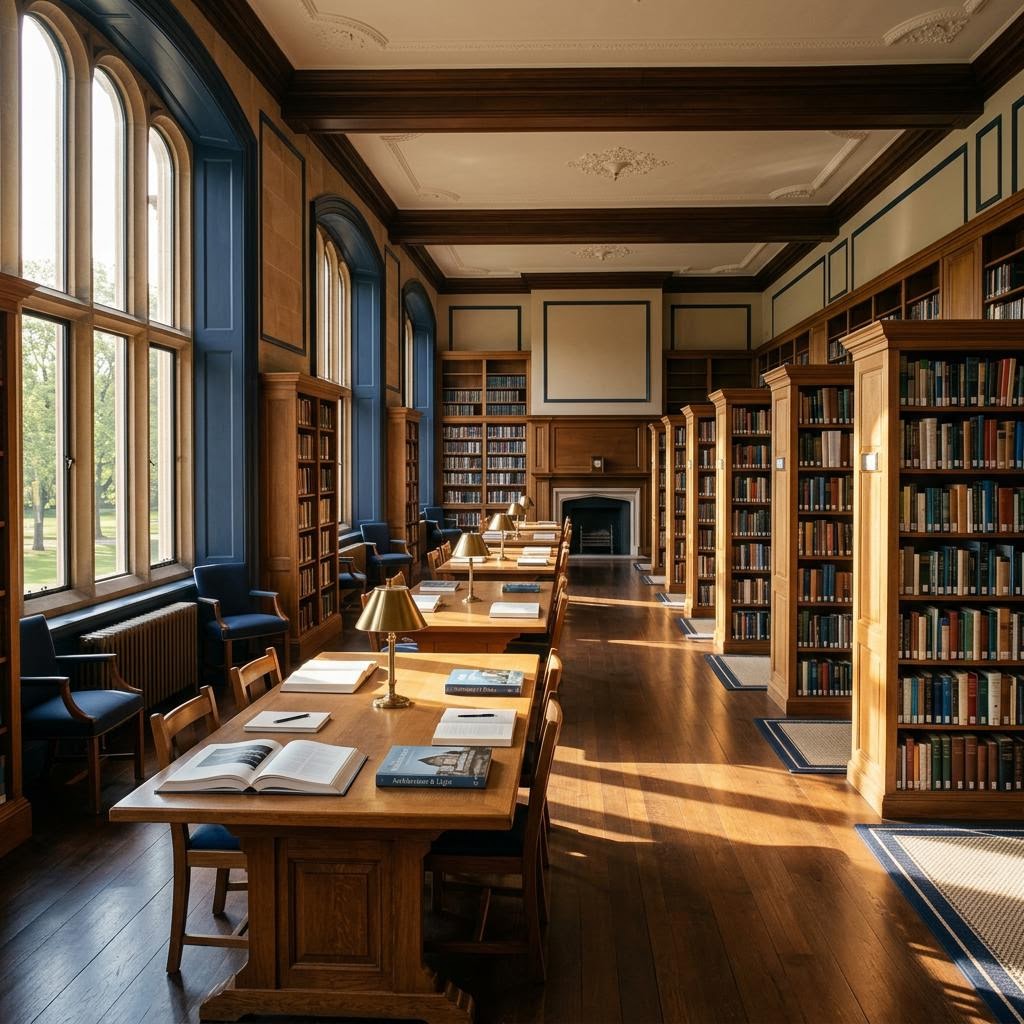 Quiet library shelves in soft light